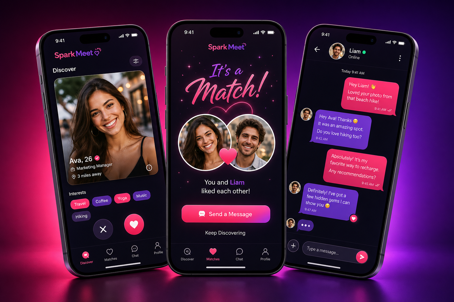 SparkMeet ایپ کی اسکرینیں — دریافت، میچ، چیٹ