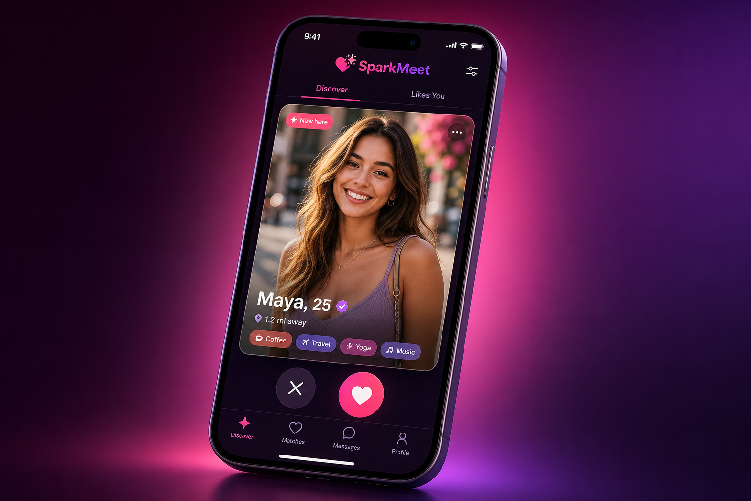 SparkMeet ایپ کی جھلک — دریافت، میچ، چیٹ